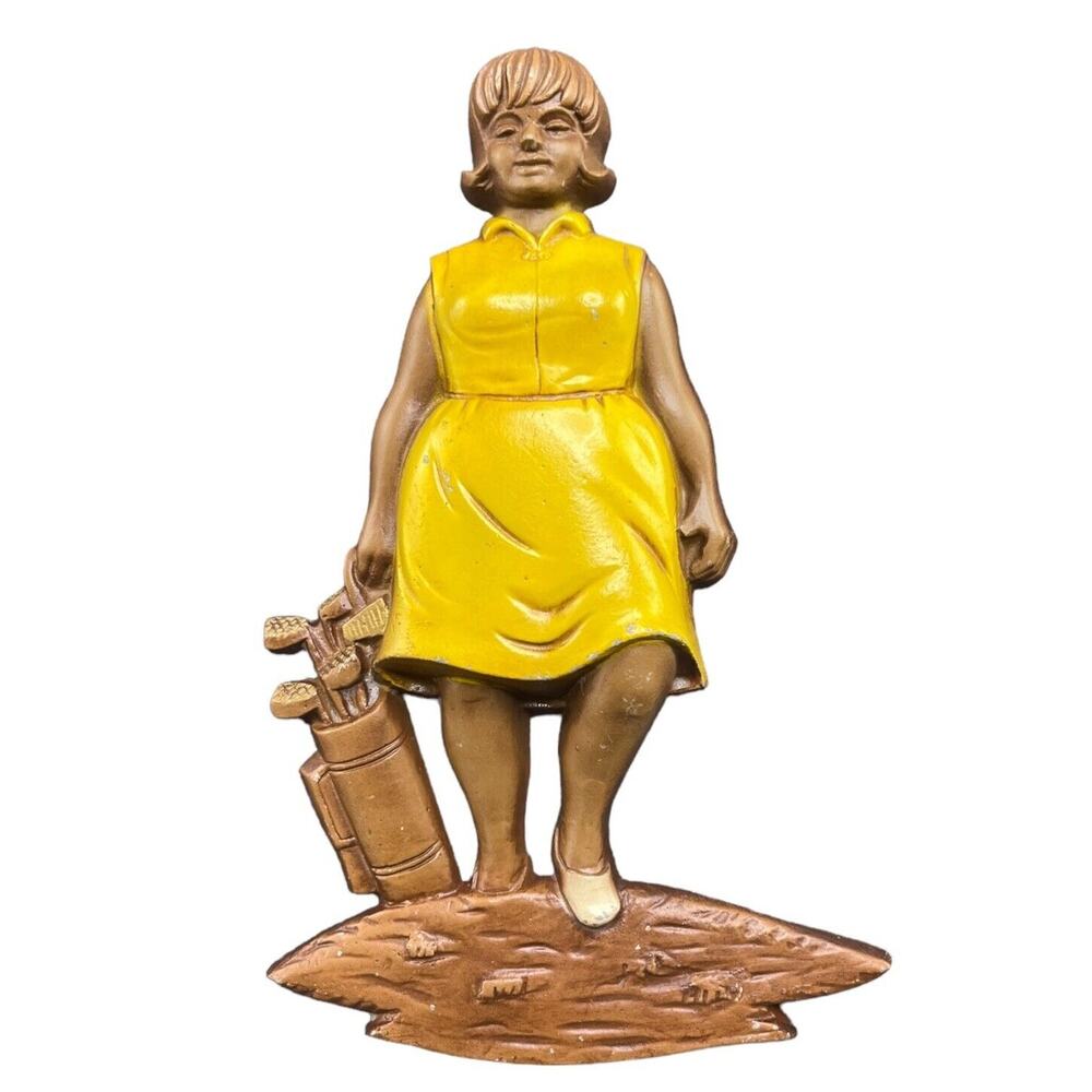 Vintage 1968 Sexton Metal Wall Plaque Lady Golf Female Golfer Yellow Dress Clubs